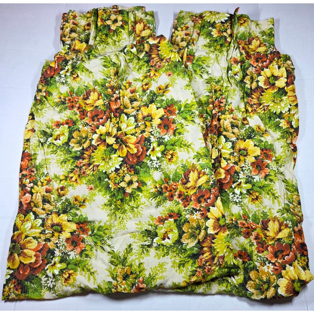 Vintage 70s Floral Pinch Pleat Curtains Green Gold Orange Mid Century Retro Pair